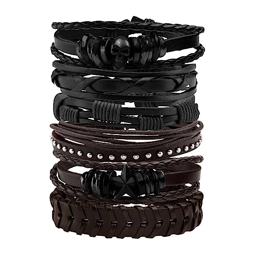 MILAKOO 6Pcs Punk Leather Bracelets for Women Men Braided PU Wristband Skull Skeleton Accessories - color: E: Black & Brown
