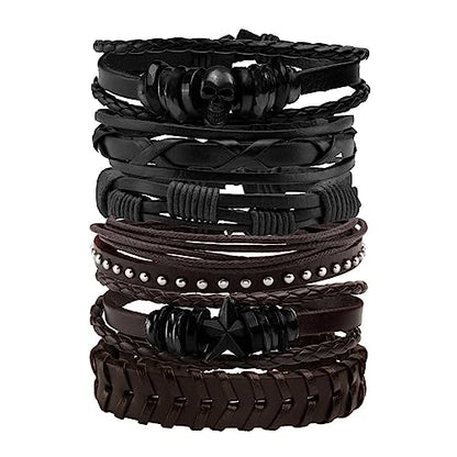 MILAKOO 6Pcs Punk Leather Bracelets for Women Men Braided PU Wristband Skull Skeleton Accessories - color: E: Black & Brown