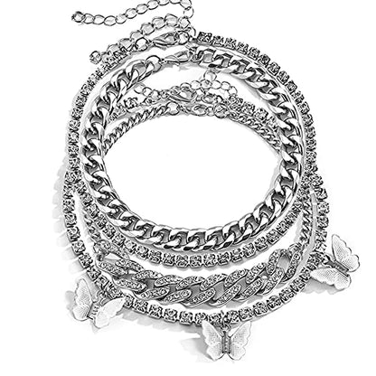 Layered Butterfly Anklet for Women Charms Butterfly Gold Plate Silver Plate Rhinestone Cuban Anklets Adjustable Anklet for Summer Beach - color: Silver plate