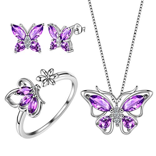 Aurora Tears Butterfly Jewelry,Women 925 Sterling Silver Butterflies Birthstone Pendant Necklace/Earrings/Rings Wedding Gift - color: B.February-set 2