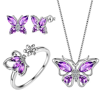 Aurora Tears Butterfly Jewelry,Women 925 Sterling Silver Butterflies Birthstone Pendant Necklace/Earrings/Rings Wedding Gift - color: B.February-set 2