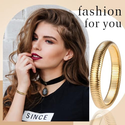 NMQLX Women's Elastic Bangle Bracelets: Stainless Steel Gold Chunky Wristband Bracelets - color: Gold - 12mm