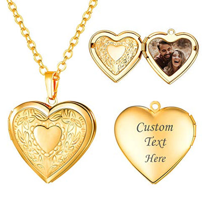 U7 Women Locket Necklace, Heart Photo Lockets Hold Picture, Gift Box Packed | Gold/Silver/Rose Locket Charm, Custom Picture and Engravement Heart Pendant, 20" Chain, Personalized Gift for Mom Wife Friend - color: 01# Gold Heart