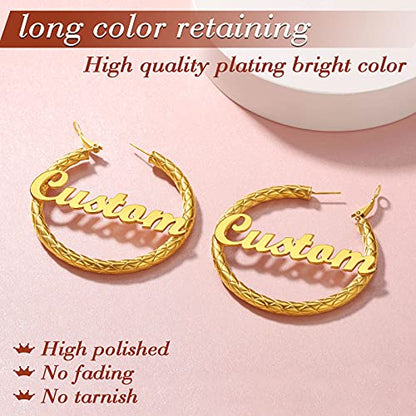 FindChic Chunky Hoop Earrings for Women, Silver/Black/14K Gold Plated Crossover Patterned Hollow Tube Rounded Loop Earrings, 30mm/40mm/60mm/80mm Hoops with Custom Name Options and Gift Box - color: f.Gold (Custom Name), size: 60MM
