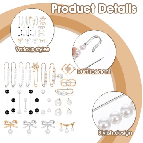 24/16 Pcs Pearl Brooch Pins Set, Decorative Safety Pin | Pant Waist Tightener Pins for Clothes Sweater Shawl Hat Clips White Collar Clips for Cardigan Dress Sweater - style: Rhinestone Pearl Style