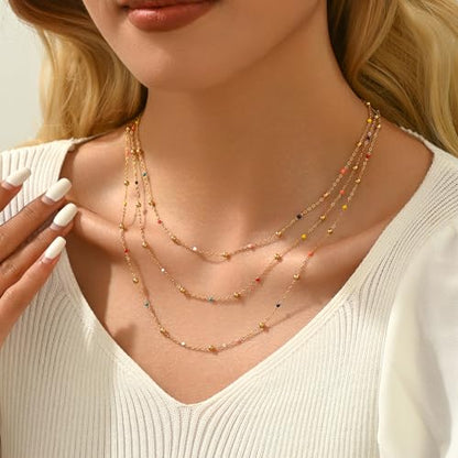 18K Gold Plated Layered Herringbone Necklaces for Women Dainty Layering Beaded Snake Chain Choker Moon Coin Pendant Necklace Trendy Stainless Steel Jewelry - color: Trible Multicolor Bead-Gold