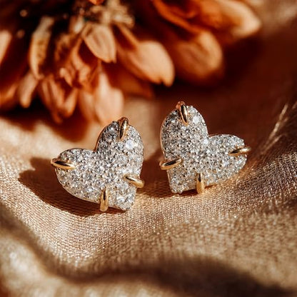 MEVECCO Pave Cubic Zirconia Stud Earrings for Women, 18K Gold Plated Brass | Pave CZ Fronts, Curved Gold Plated Edge Accents, Soft Motifs and Clean Geometric Styles - style: heart