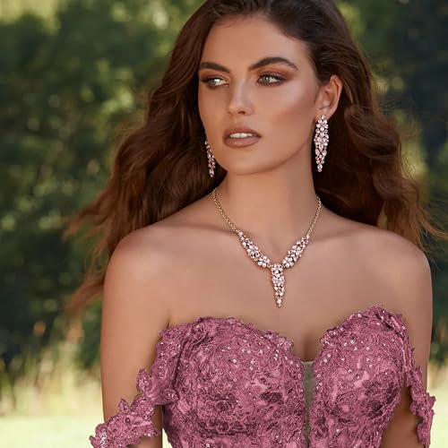 EleQueen Statement Sparkle Crystal Necklace Bracelet Dangle Earrings Set for Women, Art Deco Prom Chandelier Jewelry for Wedding Bridal - color: Pink-Gold-Plated-Base