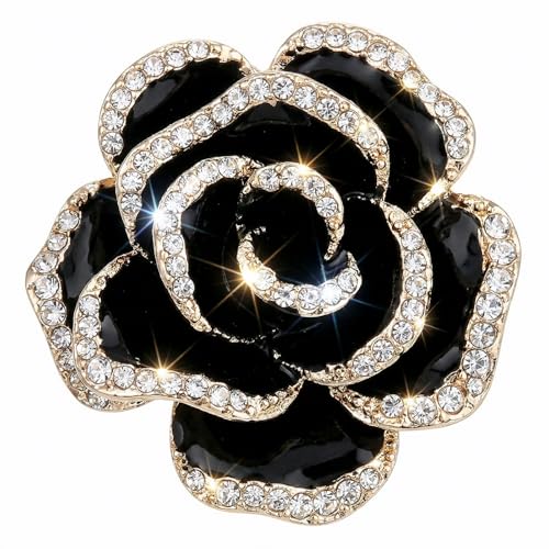 Crystal Rhinestone Red Flower Camellia Pin Brooch - Shining Rhinestone Brooch - Elegant Exquisite Wedding Party Supplies - Ladies' Fashion Vintage Clothing Accessory - color: Black