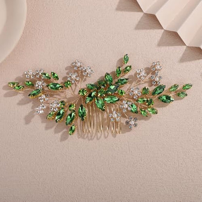 Teyglen Green Crystal Rhinestone Wedding Hair Comb with Pearl Flower Bridal Hair Comb Sparkly Crystal Headpiece for Bride Wedding Hair Comb for Women Flower Hair Piece(Green) - color: Green