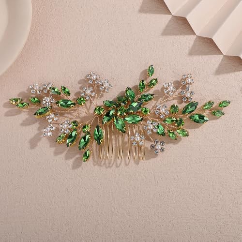 Teyglen Green Crystal Rhinestone Wedding Hair Comb with Pearl Flower Bridal Hair Comb Sparkly Crystal Headpiece for Bride Wedding Hair Comb for Women Flower Hair Piece(Green) - color: Green