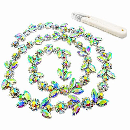 3FT Heavy Duty Crystal Rhinestone Trim Chain with Yarn Scissors, Sew-On Bling Appliqué for Wedding Bridal Dress, DIY Jewelry & Clothing Accessories (Iridescent) - color: iridescent