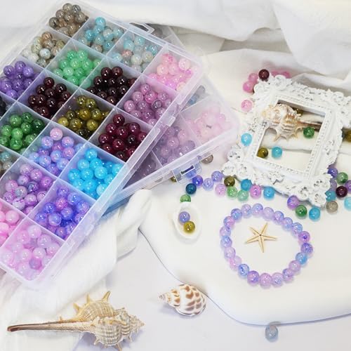 1200PCS 8mm Glass Beads Bracelet Making Kit, 24 Colors Crystal Beads for Jewelry Making, 2 Box Cataclastic Lineation Beads Suitable for Beginners - color: 2 Box