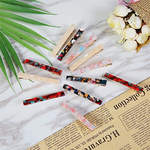 Cobahom 12 Pack Thick Hair Duckbill Metal Duck Teeth Hair Clips for Women - Chic Tortoise Shell Hair Pins in Red, White, Blue, and Pink (2.36 Inch) | Cellulose Acetate Hair Barrettes for Thin Thick Hair, Chic Tortoise Shell Hair Pins in Red, White, Blue,