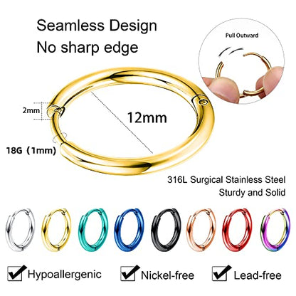 Jstyle 18G 20G Small Hoop Earrings for Men Women Huggie Hoops 8 Pairs | Hypoallergenic Surgical Stainless Steel, Multicolor Cartilage Helix Lobes Sleeper Hoop Earrings Set 8mm/10mm/12mm/14mm - style: Inner Diameter 12mm (18G)