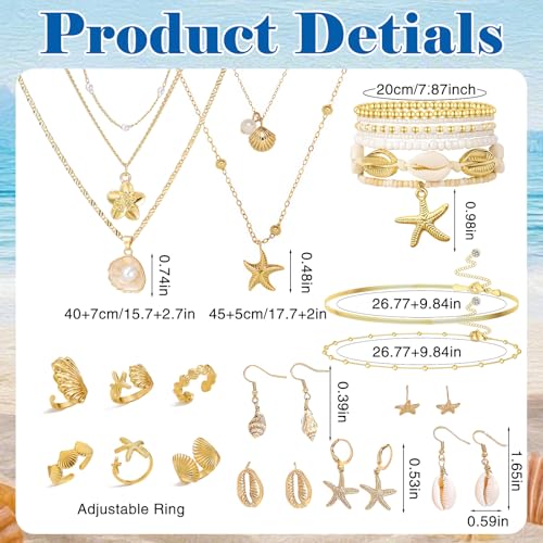 Boho Beach Jewelry Sets for Women | Summer Seashell Starfish Accessories, Necklace, Earrings, Rings Anklet - style: 27pcs Ocean Starfish Beach Set