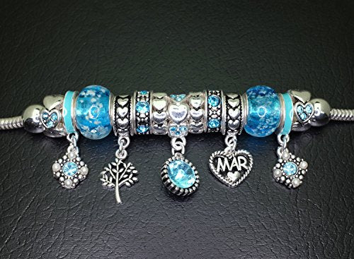 Falari Birthstone Bracelet Multi-Color Charm Beads Silvertone Birthday Gifts for Women - color: 03-March