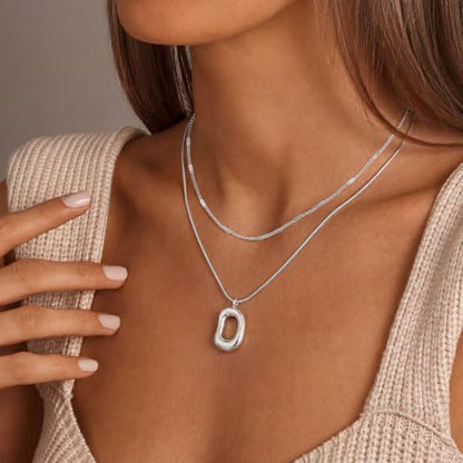 14K Gold/Silver Plated Dainty Snake Chain Layered Necklace for Women | Irregular Oval Pendant Minimalist Dainty Statement Gold Layering Everyday Jewelry - color: Silver - Cool