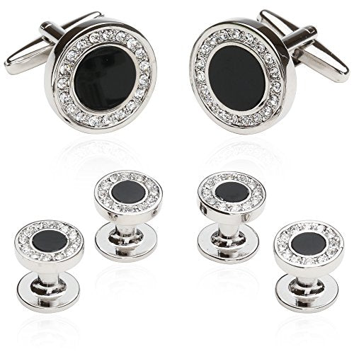 Black Onyx and Crystal Silver Cufflinks and Studs Formal Set with Box | 5/8" Cufflinks, 3/8" Studs, Travel Presentation Gift Box, Men's Wedding Party, Tuxedo Shirts Accessories