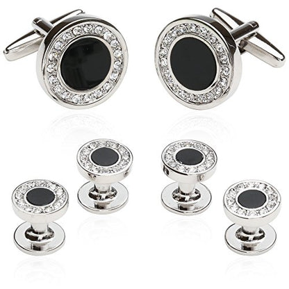 Black Onyx and Crystal Silver Cufflinks and Studs Formal Set with Box | 5/8" Cufflinks, 3/8" Studs, Travel Presentation Gift Box, Men's Wedding Party, Tuxedo Shirts Accessories