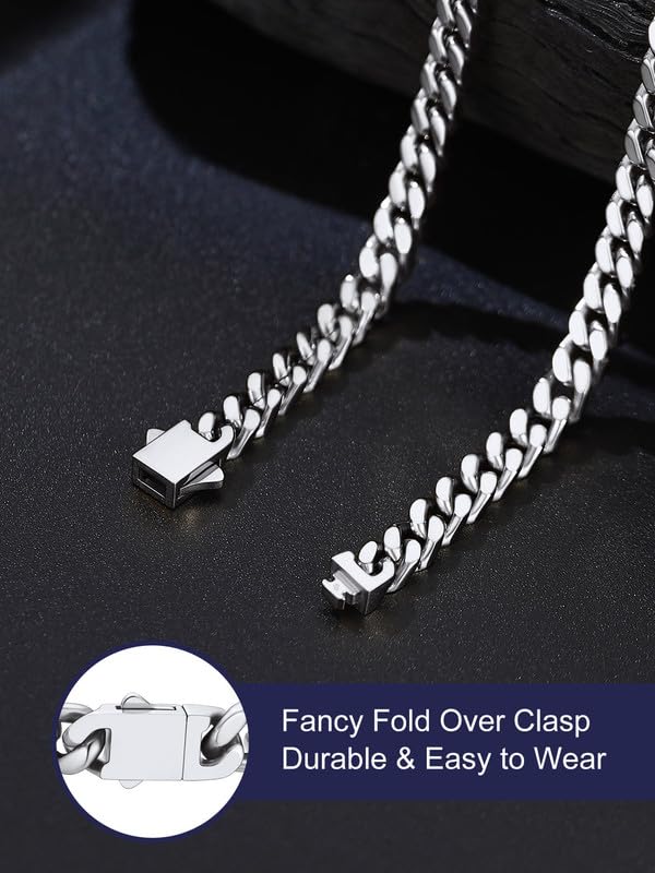 Bandmax Men's Premium Solid Stainless Steel Miami Cuban Link Chain Necklace | Waterproof Tarnish Resistant Chain, Silver Finish/Gold/Black Plated, Easy-open Clasp, 5/7/9/12MM, 18-30 Inches, With Gift Box - color: 01 5MM-Silver Tone, size: 30 Inch (76cm, S