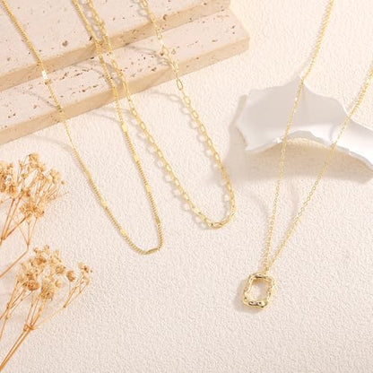 Gold Necklace for Women 14K Gold Plated Layered Cross Bar Necklace Herringbone Figaro Paperclip Flat Chain Cute Charm Accessories Non Tarnish Jewelry Set Gifts for Women - style: R-NK-07-Rectangle circle-GD