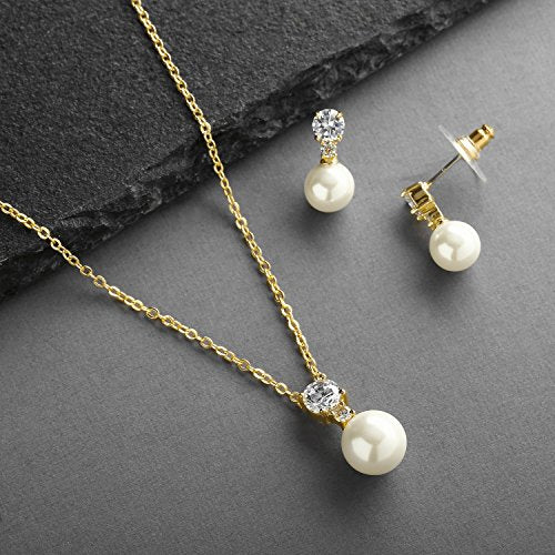 Mariell Pearl Wedding Necklace Earrings Set with CZ Crystal, Jewelry for Brides, Bridesmaid, Mother's Day - color: Gold-Clear Cubic Zirconia