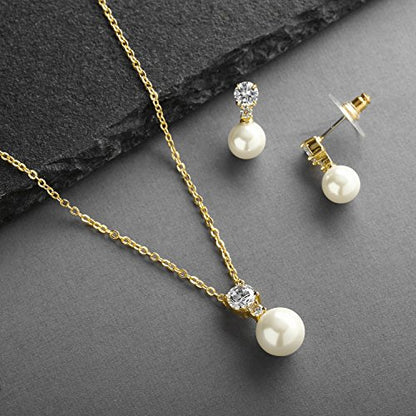 Mariell Pearl Wedding Necklace Earrings Set with CZ Crystal, Jewelry for Brides, Bridesmaid, Mother's Day - color: Gold-Clear Cubic Zirconia