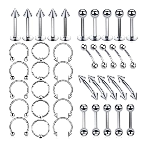 40 PCS 16G Lip Rings, Stainless Steel Horseshoe Labret Monroe Studs Eyebrow Rings Nose Rings, Body Piercing Jewelry Set for Women Men