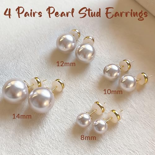 4 Pairs Pearl Stud Earrings - Hypoallergenic 14K Gold Plated 8mm-14mm Set Earrings for women Pearl Earrings Set for Sensitive Ears Classic Jewelry Gift for Birthday