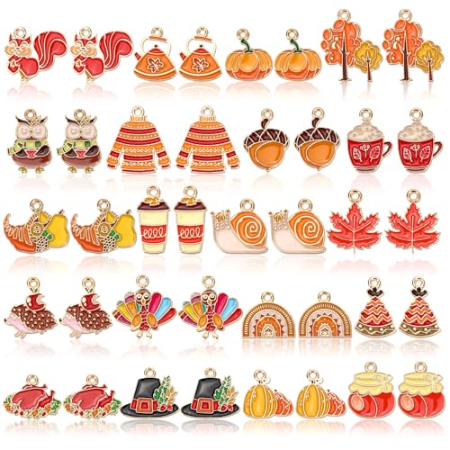 MARFOREVER 40 Pcs/20 Pairs Fall Charms for Jewelry Making Autumn Charms | Thanksgiving Charm for Jewelry Making, Fall Pumpkin Maple Leaf Turkey Enamel Pendants, Bracelet Necklace Earrings Making - style: Fall