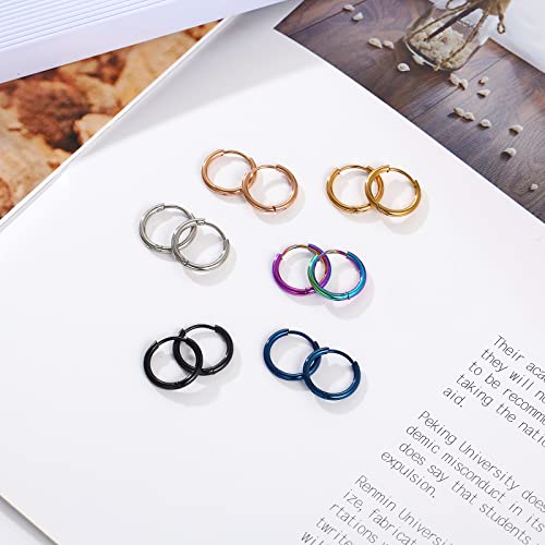 Osayia 316L Surgical Stainless Steel Small Hoop Earrings 8mm 10mm 12mm Hypoallergenic Huggie Thin Hoop Earrings Helix Lobes Hinged Sleeper Earrings Men Women for Cartilage Piercings - color: B: Diameter 10mm (6 Color),6 Pairs