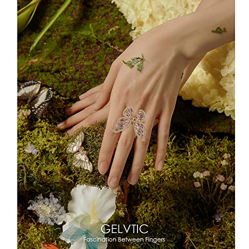 Butterfly Rings for Women Adjustable Golden Cocktail Ring Sparkly Stones Statement Silver Bow Open Wrap Bow Jewelry Bridesmaids Wedding Valentine’s Day Gift Lover Mother - color: JZ03-Gold Purple