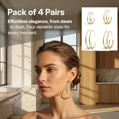 4 Pairs Gold Hoop Earrings for Women | 14K Gold Plated Hypoallergenic Small Large Earrings Set, Lightweight Stainless Steel Hoops - color: Metallic