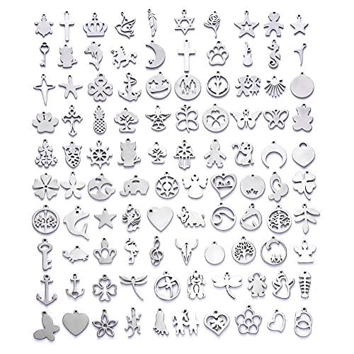 Assorted Stainless Steel Charms for Jewelry Making, 100Pcs | Jewelry Charms Bulk, Cute Pendants, Jewelry Findings, DIY Craft Supplies for Necklaces, Bracelets, Earrings and Keychains
