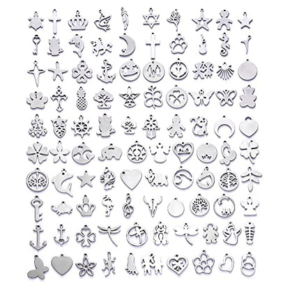 Assorted Stainless Steel Charms for Jewelry Making, 100Pcs | Jewelry Charms Bulk, Cute Pendants, Jewelry Findings, DIY Craft Supplies for Necklaces, Bracelets, Earrings and Keychains