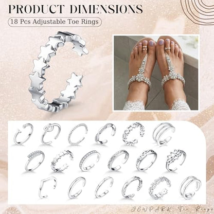 18PCS Toe Rings for Women | Non Tarnish Gold/Silver Rings Open Flower CZ Band Toe Ring Set Adjustable Ring Summer Beach Foot Jewelry Gifts - color: Silver