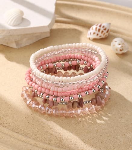 Noessla Boho Beaded Bracelets for Women Stackable Irregular Natural Stone Bead Stretch Bracelet Set 8PCS Costume Jewelry Gifts for Her - color: Pink