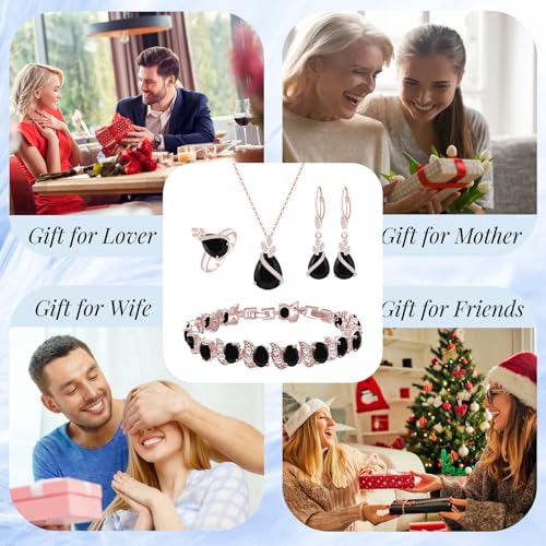 GZWHD Jewelry Set for Women CZ Earrings Necklace Ring Bracelet Set Prom Party Wedding Jewelry Gift for Mother Friend Wife - color: A-Rose Gold-Black