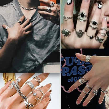 17IF 26-35 Pcs Vintage Silver Knuckle Ring Set for Women Men, Gothic Rings | Grunge Chunky Aesthetic Snake Stackable Adjustable Punk Bulky Finger Alt Fairy Skull Frog Heart Star Flower Midi Ring Pack - style: 35 Pcs
