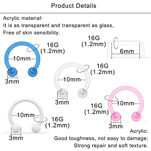Lcolyoli Septum Retainer 16G Clear Bioflex Septum Rings Flexible Plastic Septum Nose Hoop Piercing Jewelry for Women Men 8mm 10mm - color: 72pcs-16g-3/8"