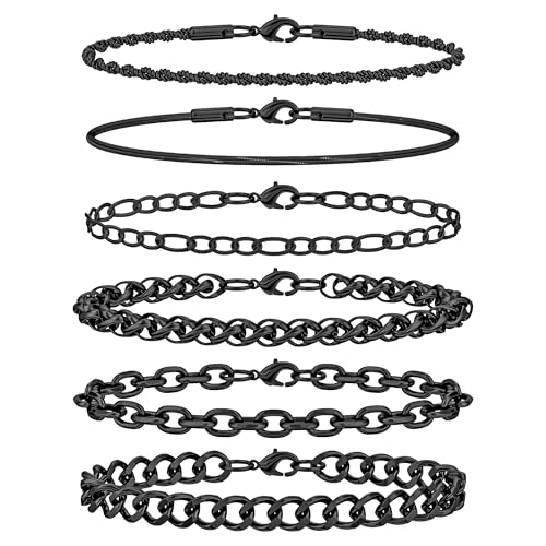 6PCS Stainless Steel Bracelets for Men Women, Silver Gold Black Cuban Link Rope Snake Wheat Chain Paperclip Figaro Jewelry Set, 7/8/9 Inches - color: Black, size: 9 inches