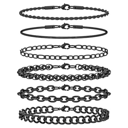 6PCS Stainless Steel Bracelets for Men Women, Silver Gold Black Cuban Link Rope Snake Wheat Chain Paperclip Figaro Jewelry Set, 7/8/9 Inches - color: Black, size: 9 inches
