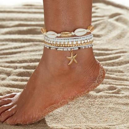Nanafast Beaded Boho Anklets for Women, Beachy Shell Anklets for Women, Puka Shell & Starfish Charms Beach Jewelry Adjustable - color: White