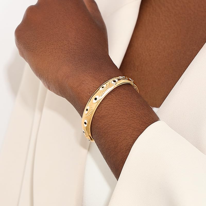 Evil Eye Bracelet, Chunky Gold Bangle Silver Boho Bracelets Open Bohemian Trendy Statement Adjustable Stainless Steel For Women Jewelry Gifts - color: Gold Black Eye