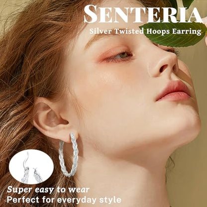 Senteria Silver Twisted Hoops Earring for Women Hypoallergenic Sterling Silver Post Hoop Earrings with AAA+ Cubic Zirconia 14K Gold Plated Hoop Earrings for Women 30/40/50MM - color: Silver-40MM