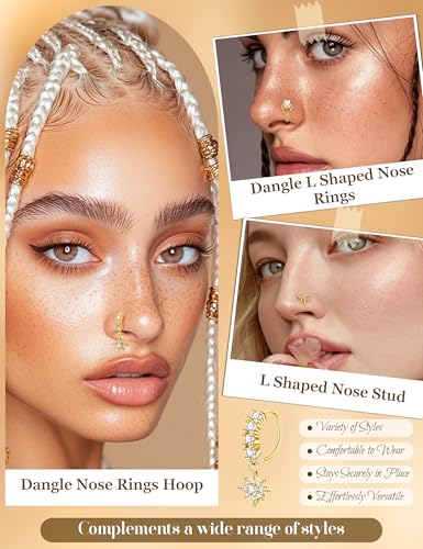 20Pcs 20G Dangle Nose Rings for Women Surgical Steel L Shaped Dangling Nose Studs Dainty Nose Ring Hoop Set CZ Heart Flower Butterfly Moon Nose Piercing Jewelry - color: Gold Clear Nose Rings