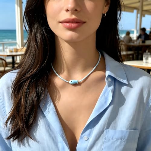 Seed Bead Choker Necklace for Women Bohemian Tiny Beads Choker Colorful Rice Bead Starfish Choker Summer Surfer Beach Necklace Jewelry Gift - color: E-Light Blue Fish