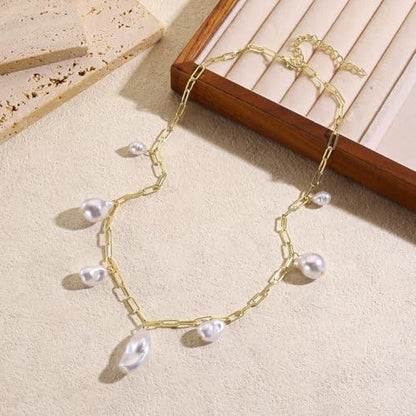 Chunky Pearl Necklaces for Women Chunky Baroque Pearl Beaded Gold Chain Link Pearls Pendant Necklace White Pearls Necklace Valentine's Day Jewelry Gifts Party Prom Birthday Outfits Accessorie - style: Golden Chain, Seven Pearls