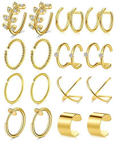 Longita Ear Cuff Earrings for Women non Piercing Ear Hoop Earrings Stainless Steel Clip On Cartilage Earring Huggie Dainty Minimal Crossed Conch Piercing Sparkling Jewelry Silver Rose Gold - color: A2: 8 pairs -gold